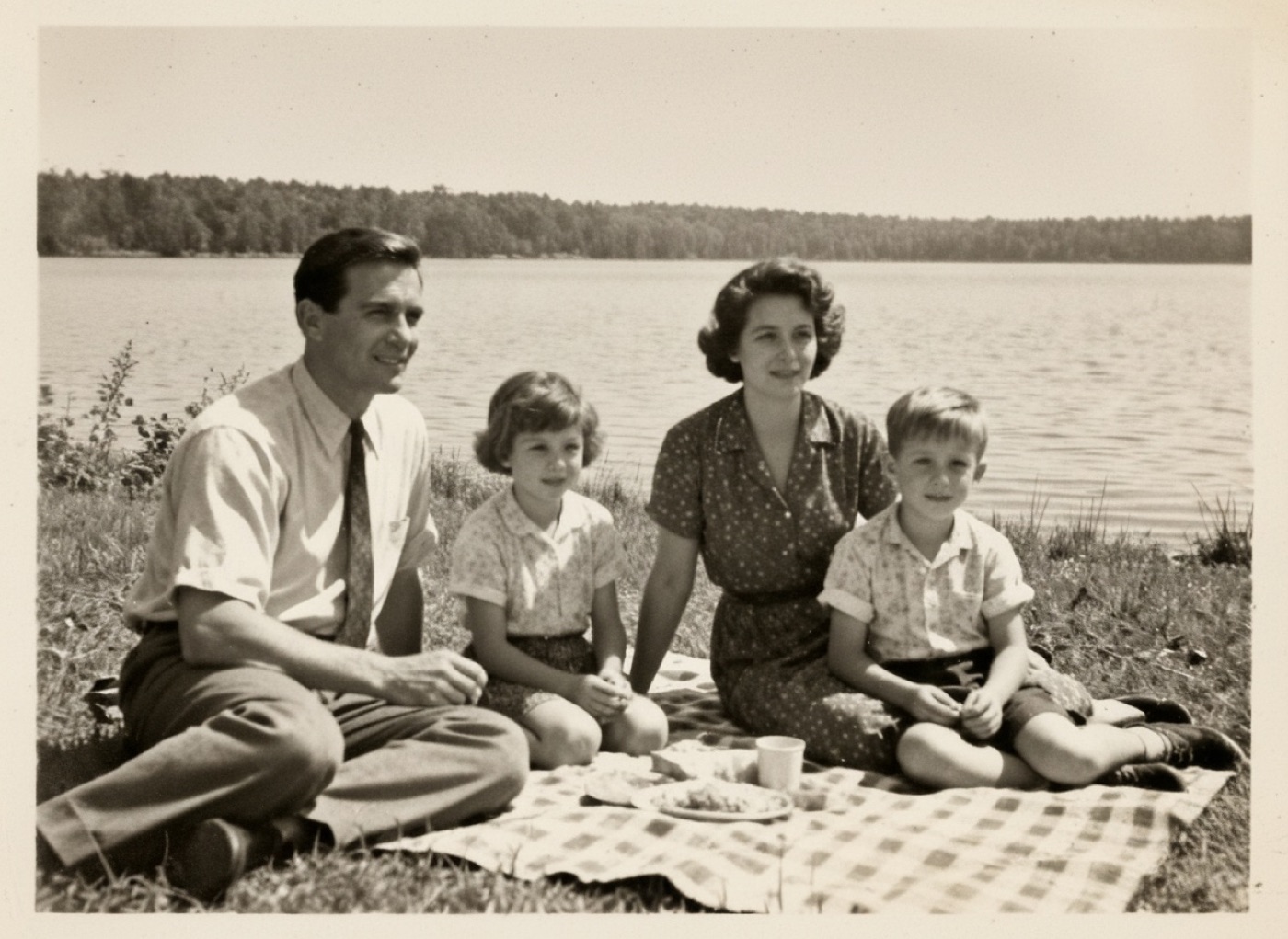 The same photo of a family picnic at a lake, restored in black and white
