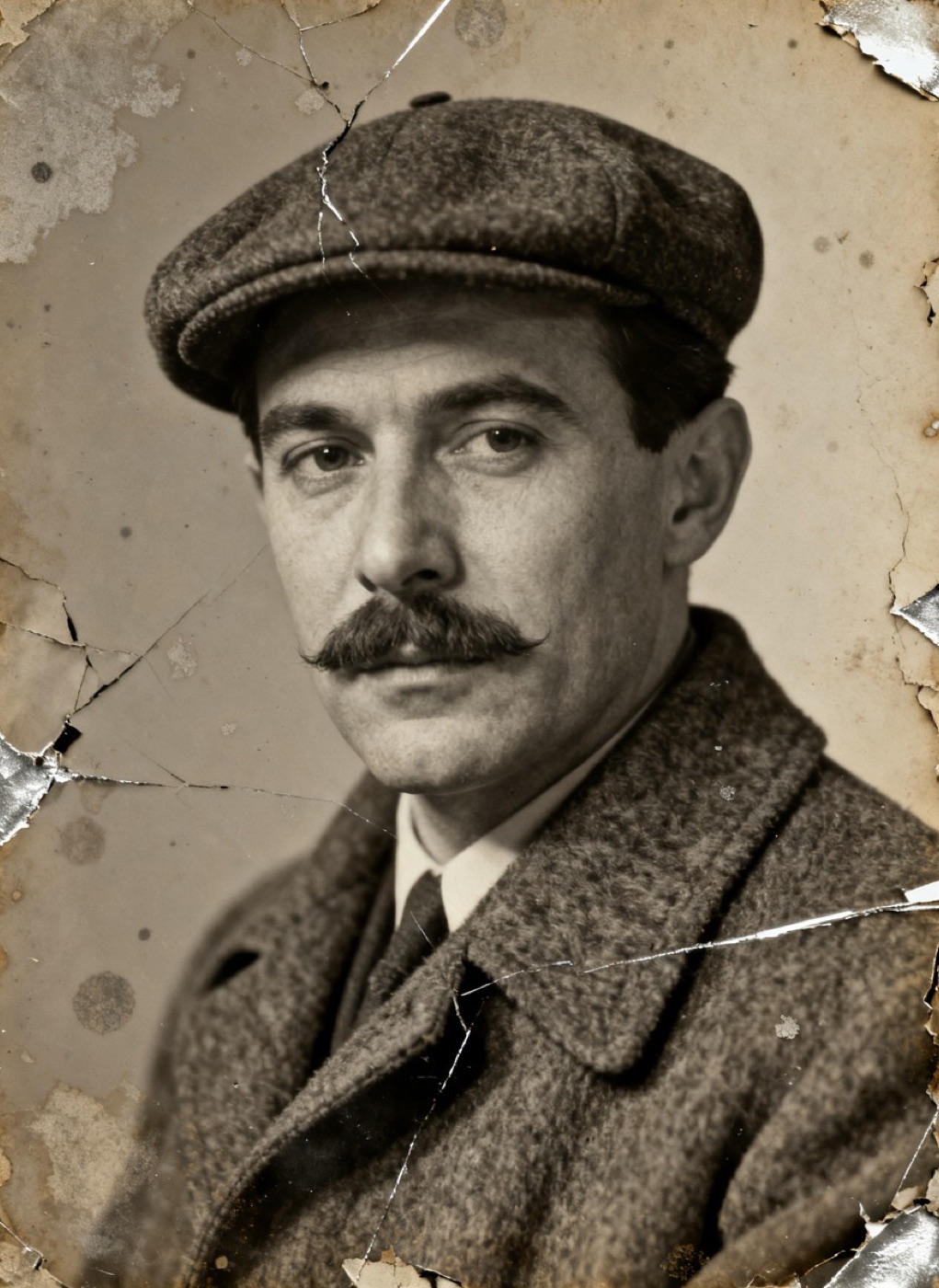 Example of a damaged old photo, a studio portrait of a man in a flat cap, before restoration