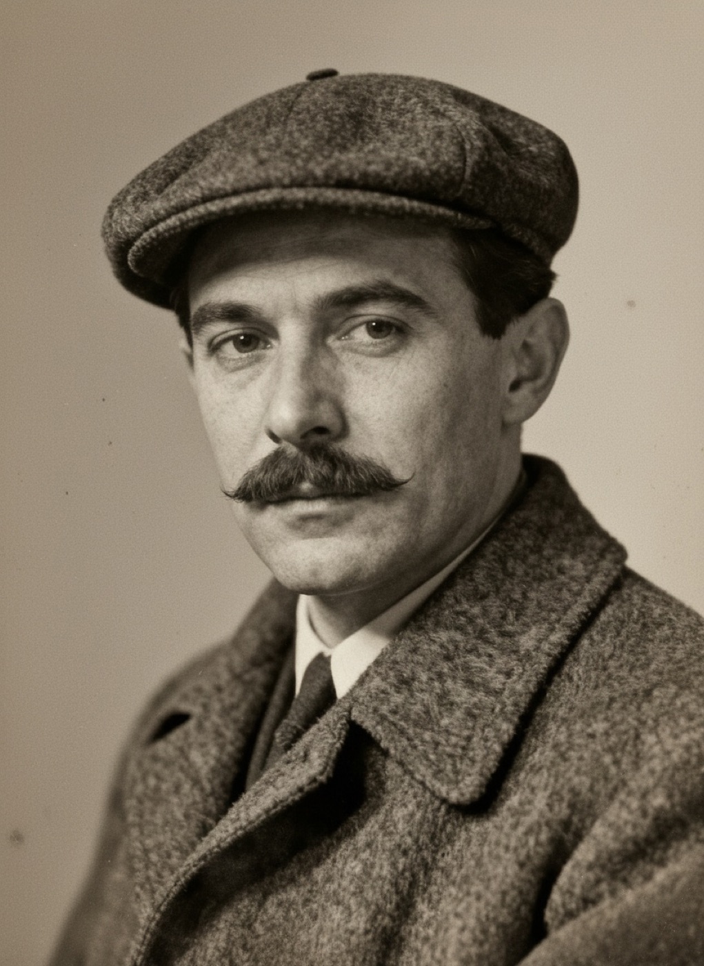 The same photo of a studio portrait of a man in a flat cap, restored in black and white