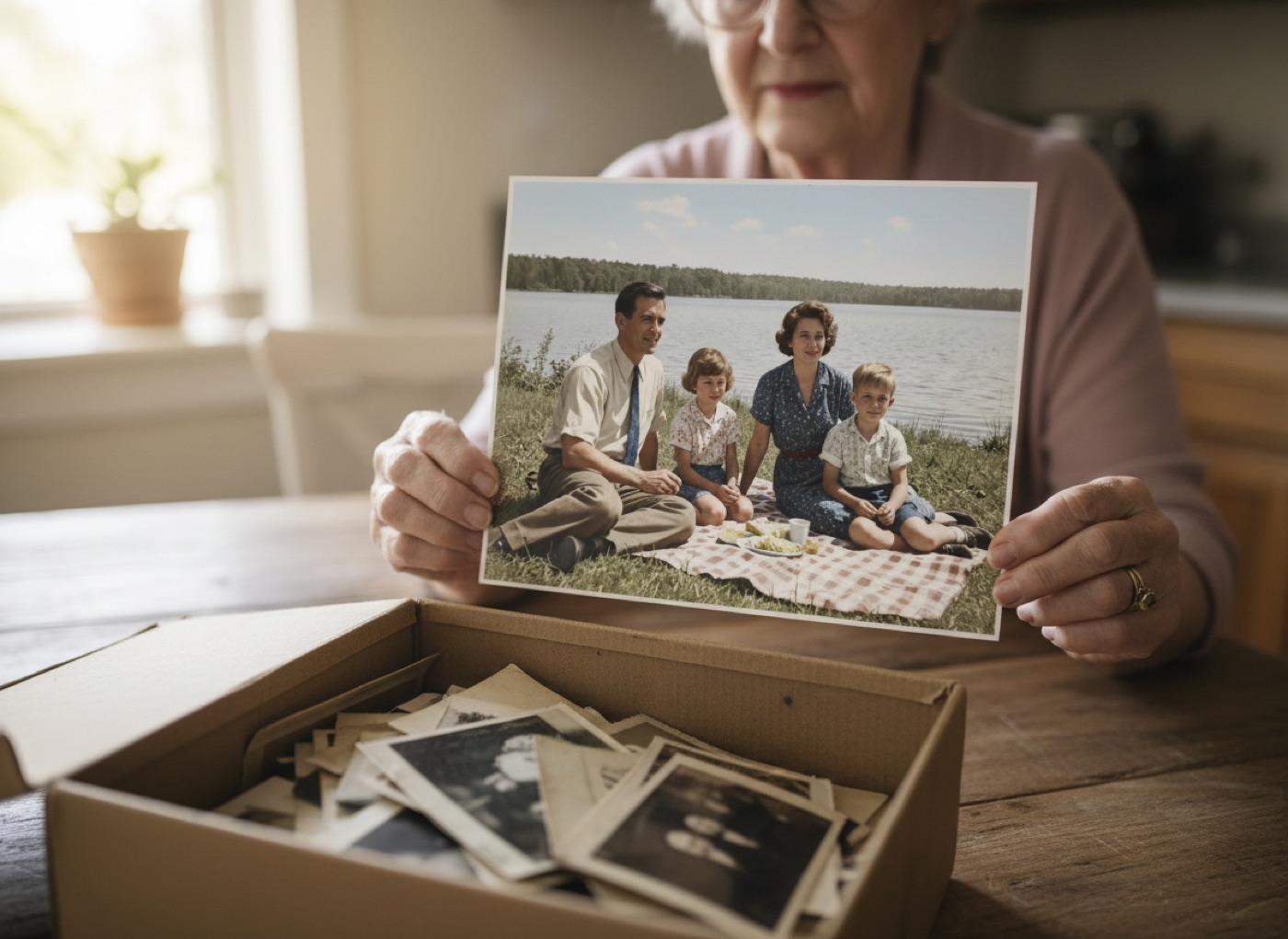 Hands holding a restored color print over a box of old photos