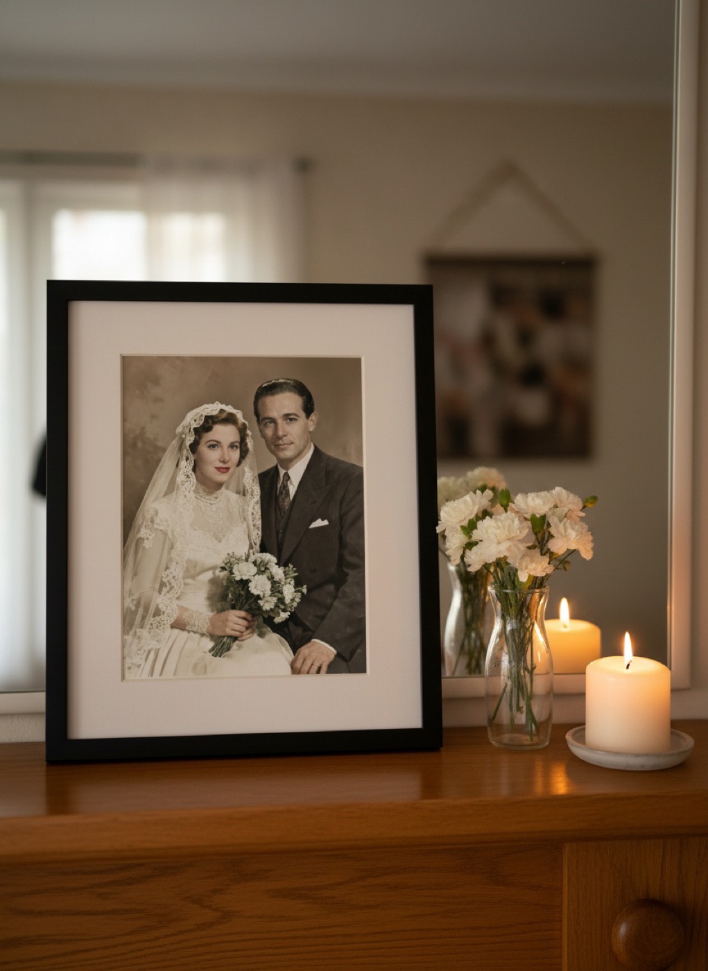 A restored color wedding photo framed on a mantel
