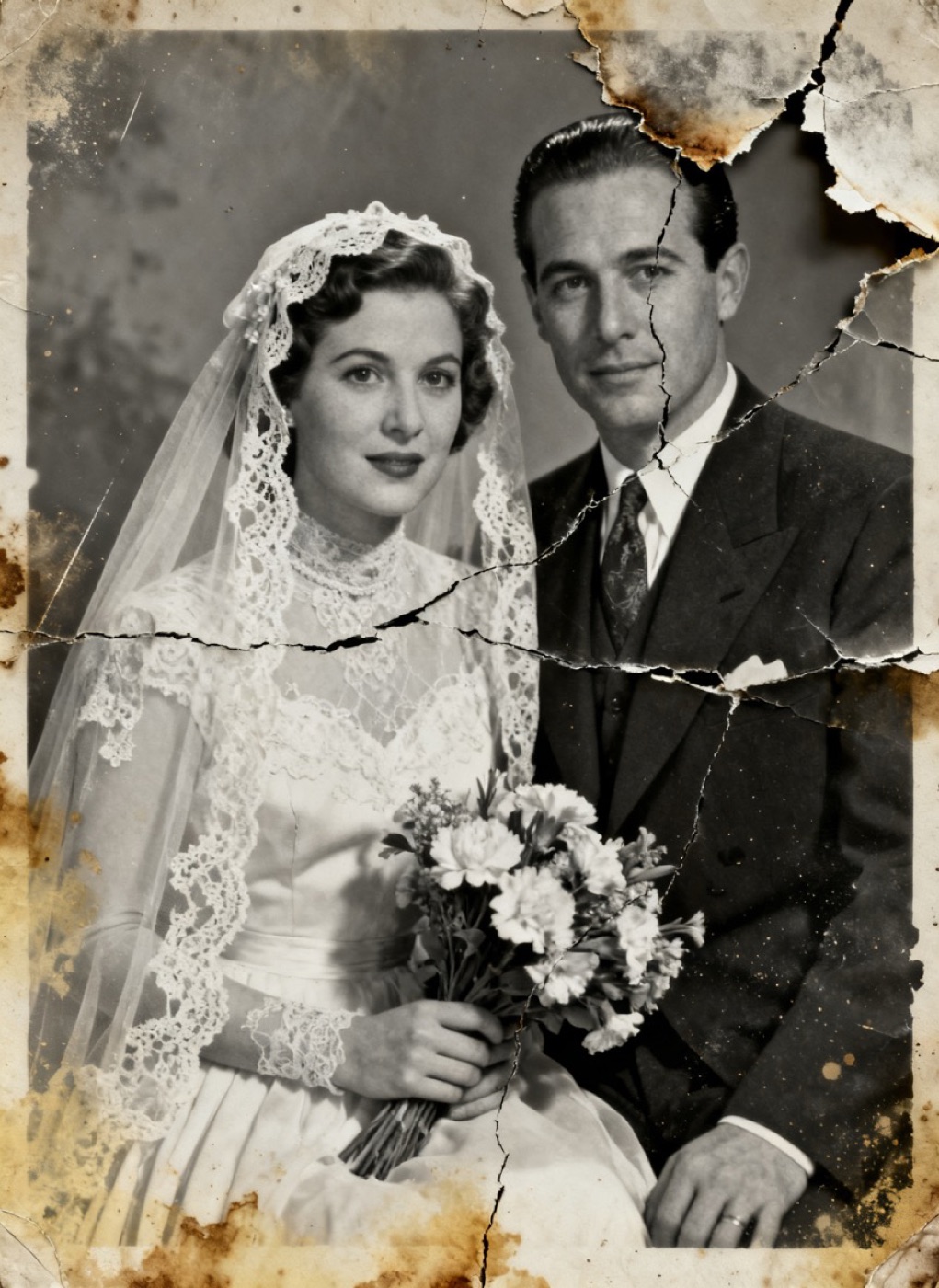 Example of a damaged old photo, a wedding portrait, before restoration
