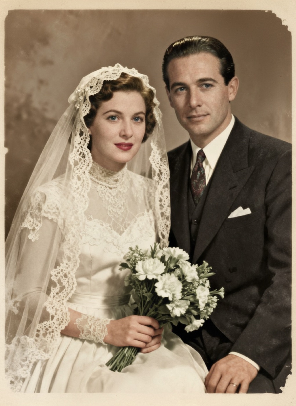 The same photo of a wedding portrait, restored with color added