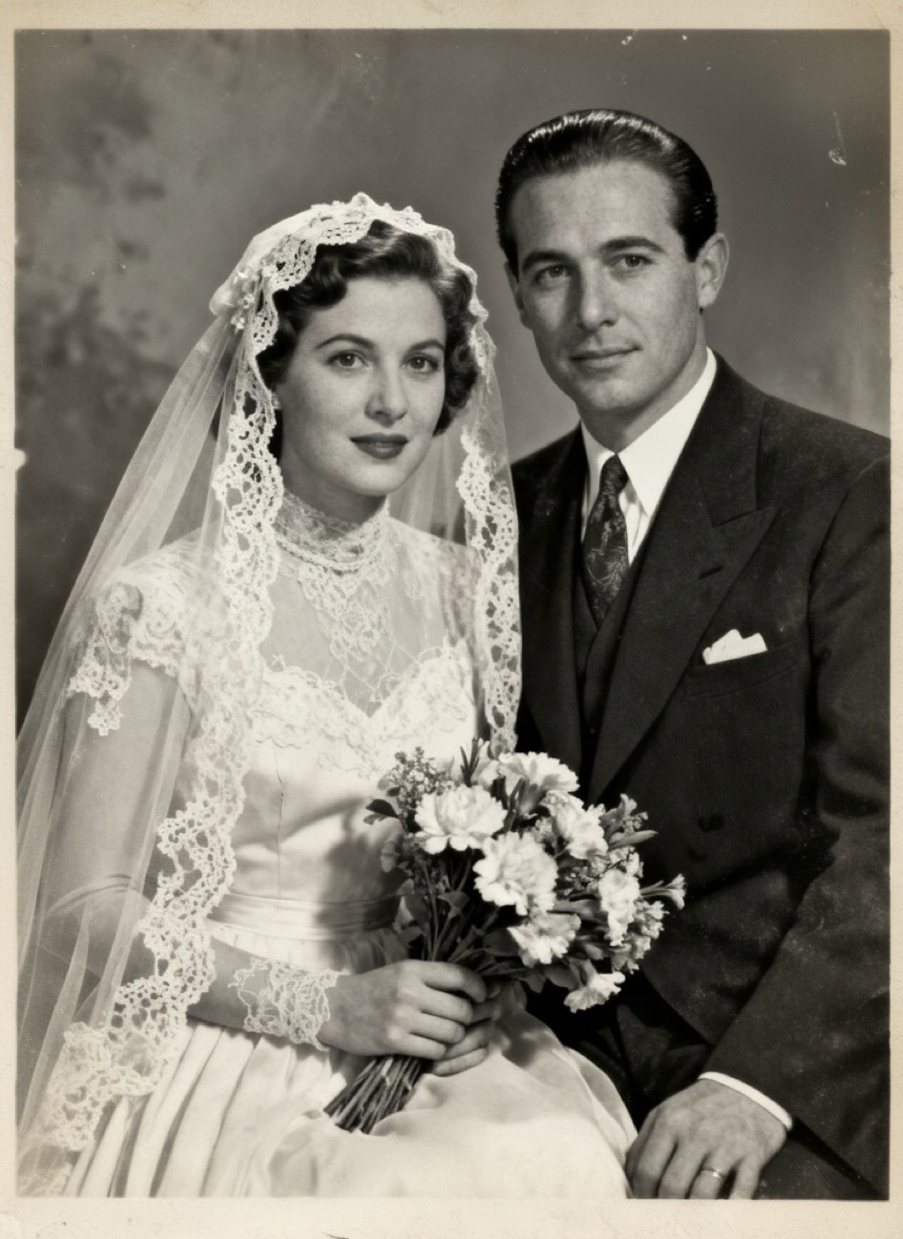The same photo of a wedding portrait, restored in black and white